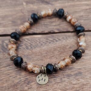 Brown Sandalwood Jasper and Black Beaded Stretch Bracelet B3429